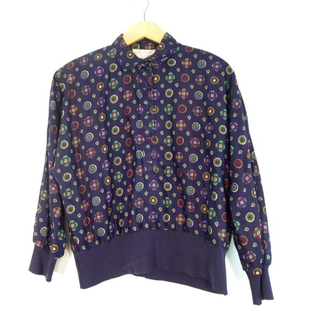 Vintage‎ 80s Grandmacore Crop Blouse L Medallion Navy Polo SCHRADER Petite